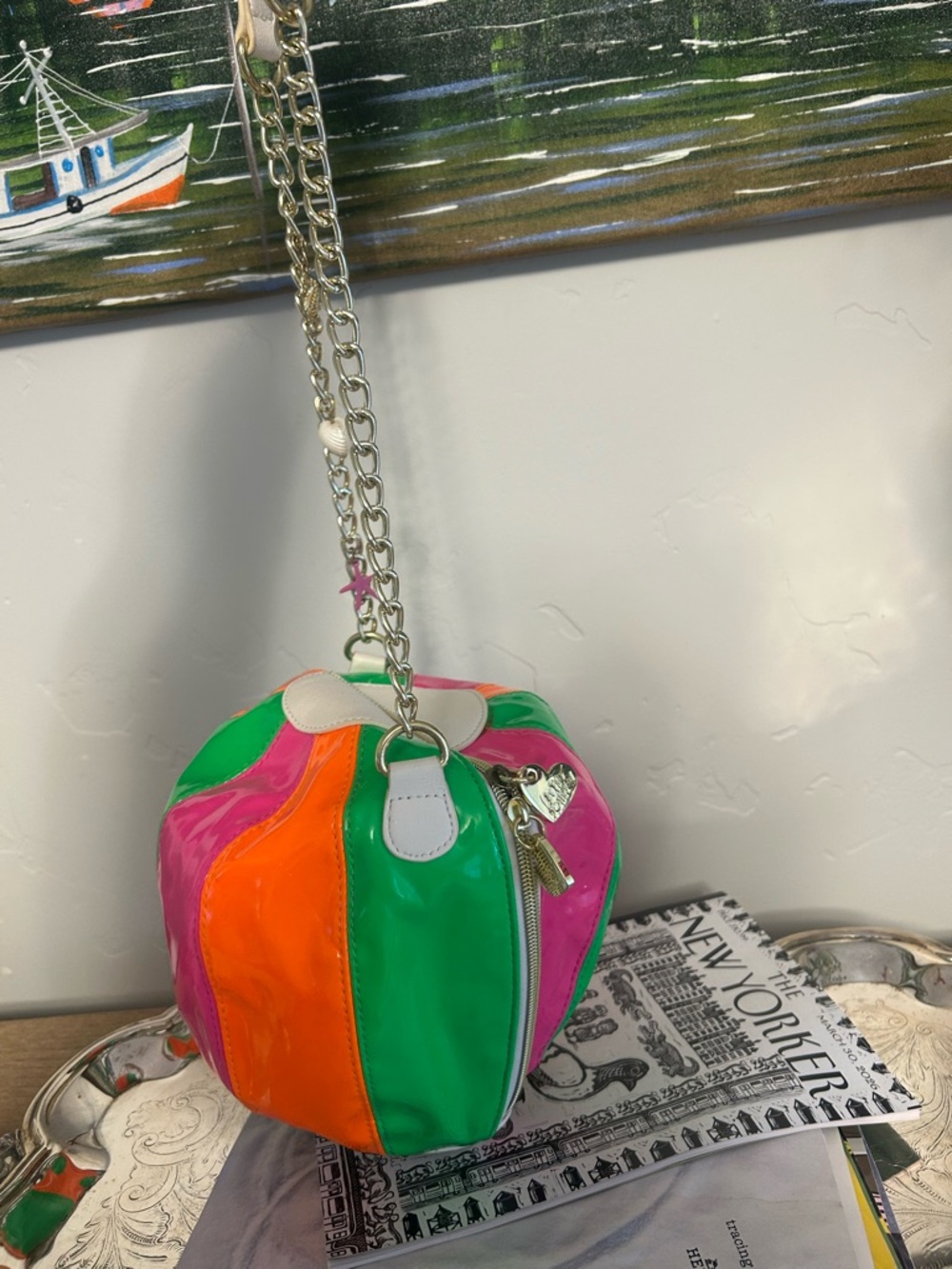 Betsey Johnson Novelty Beach ball purse in pink orange and green. - Picture 3 of 9